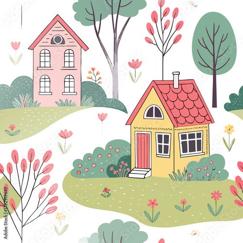 Illustration of a whimsical landscape with houses trees and flowers in a cartoon style design theme