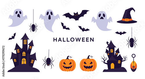 Large collection of classic Halloween elements includes spooky ghosts, flying bats, haunted houses, spiders, and scary jack-o-lanterns.