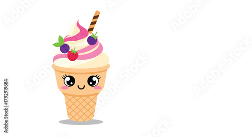 Incredibly cute kawaii-style ice cream cone features a sweet smiling face, pink swirled ice cream, and fresh berry toppings.