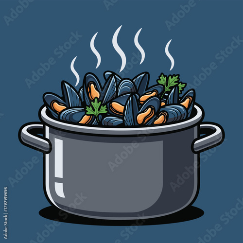 A steaming pot of freshly cooked mussels garnished with parsley, ready to be served.