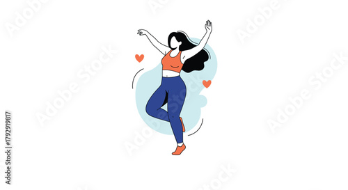 Happy, curvy young woman with long, flowing dark hair dances with joy and confidence in a celebration of body positivity and life.