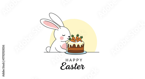 Adorable white bunny lovingly admires a delicious carrot cake with 'Happy Easter' text below in this charming holiday illustration.
