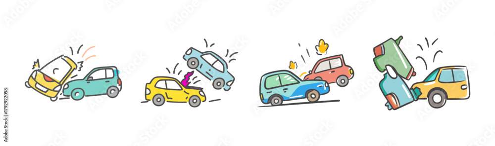 Fototapeta premium Cartoon car accidents set, various collision types, traffic safety