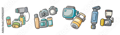 Doodle vector set of outdoor adventure and photography equipment