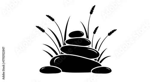 Black silhouette of a car, mouse, and cat beside a zen stone and bamboo leaf for nature balance and relaxation therapy