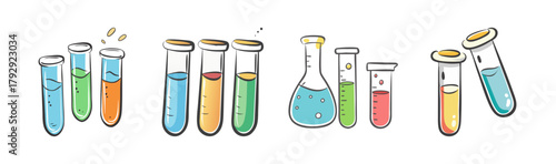 Cartoon lab test tubes and beaker with colorful liquids illustration