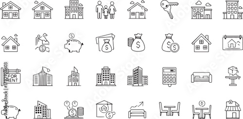 Collection of diverse residential building illustrations with various architectural styles and color palettes