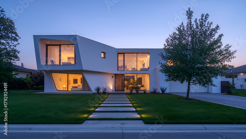 Modern architectural home with unique design and evening lighting