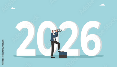 Leadership in setting plan or course for business development in 2026, motivation in achieving goals, determination for great success or heights, man looking through binoculars and stands near 2026.