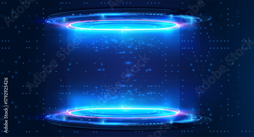 Futuristic hologram portal with glowing blue teleportation platform digital data particles and abstract technology background
