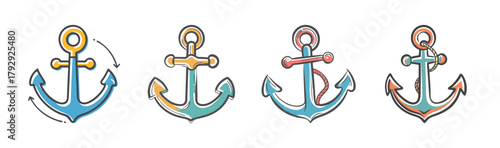 Set of four hand-drawn cartoon style boat anchors in various colors