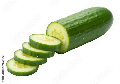 Fresh green cucumber sliced into rounds isolated on transparent background