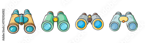 Hand drawn cartoon binoculars set for observation and discovery