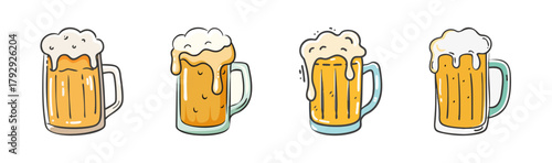 Hand drawn cartoon beer mugs set, frothy foam, refreshing drinks