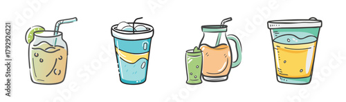 Hand drawn vector illustrations of a variety of refreshing drinks