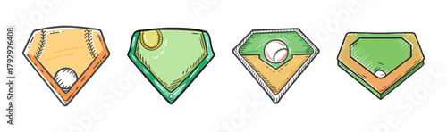 Hand-drawn baseball fields and home plate vector illustration set.