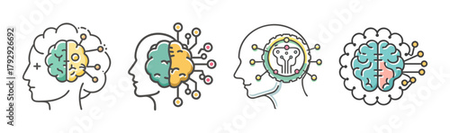 Artificial intelligence, machine learning, ai brain technology icons.