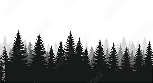 Silhouette of evergreen trees creating a forest landscape against a white background.