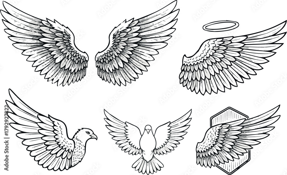 Obraz premium Create Sketch angel wings. Doodle bird wing logo, hand drawn heaven symbol with halo. Outline eagle or phoenix tattoo graphic, freedom dove, hawk vintage emblem. Vector isolated on white background.