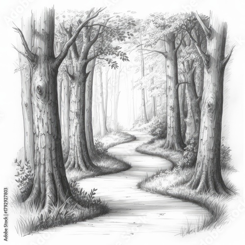 Ink drawing of a forest path.
