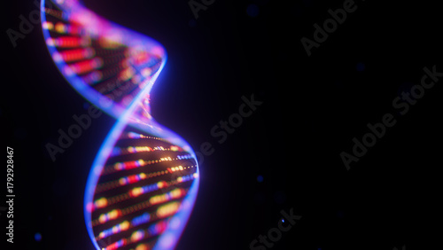 Abstract Digital DNA Double Helix spiral with data flow background. Medical science concept of biotechnological AI or quantum computing. Futuristic technology genetic research.