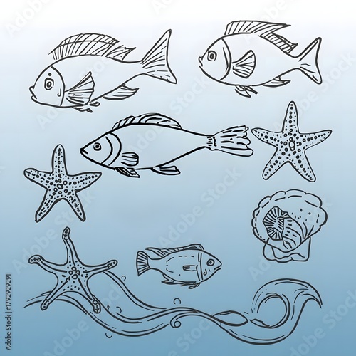 Hand Drawn Sea Life Icons Set