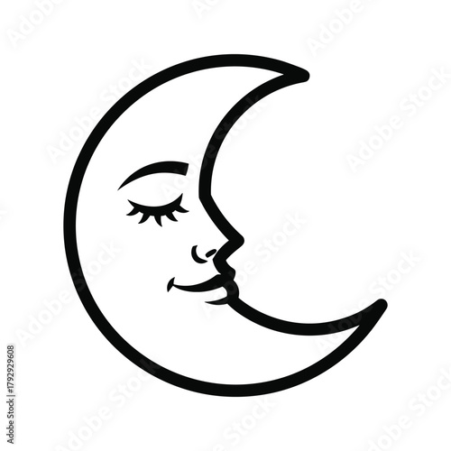 A crescent moon with a face, closed eyes, and a smile
