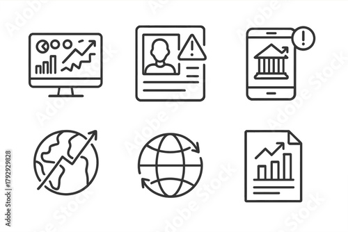Forex Trading Icons. Line style icons of forex trading: economic indicators dashboard, unemployment news flash, bank rate change