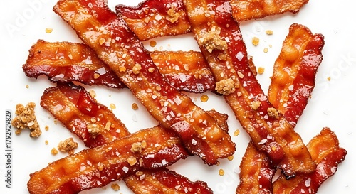 Crispy candied bacon strips with sesame seeds
