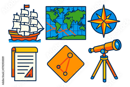 Nautical Navigation Icons. Isometric vector illustration set Mercator Projection: Ship, World Map, Rhumb Line, Compass Rose,
