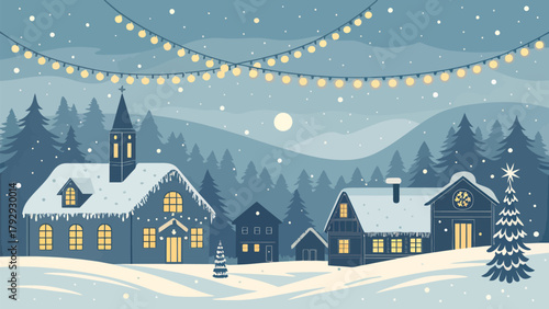 Cozy village nestled in snowy mountains under festive string lights creates a magical winter wonderland scene perfect for holiday celebrations