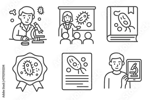 Microbiology Line Icon Set. Line style icons of microbiology: student lab training, microbiology classroom, experiment guide,