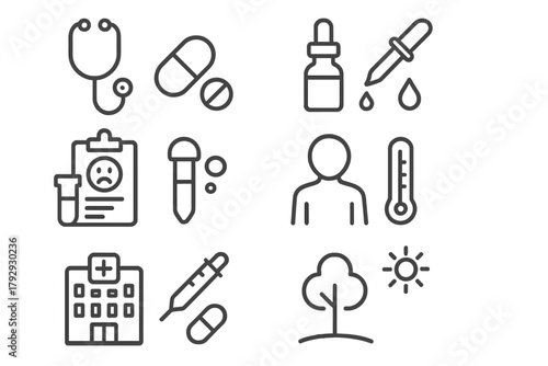 Homeopathy vs Conventional Icons. Line style icons of homeopathy vs conventional: stethoscope vs dropper, pill vs pellet, lab test