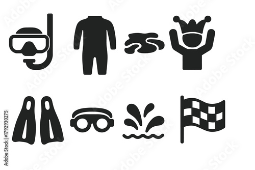 Unusual Aquatic Sports Icons. Solid style icons of Unusual Aquatic Sports: Snorkel Mask, Wet Suit, Peat Bog, Quirky Competition,