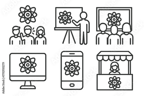 Nuclear Fusion Icons. Line style icons of nuclear fusion: public outreach icon, science demo, student tour, education module,