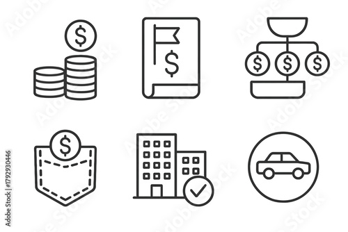 Hedge Fund Icon Set. Line style icons of hedge funds: fund tiers icon, flagship fund, feeder fund, master fund structure, side
