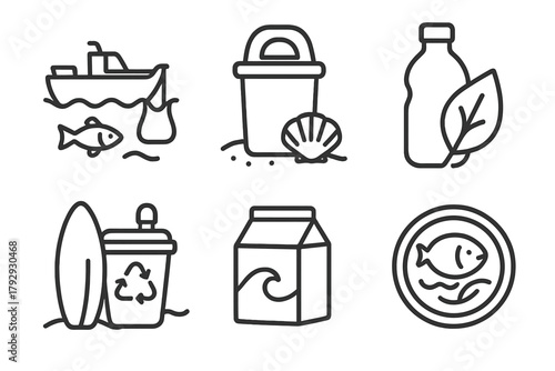 Biodegradable Plastics Icons. Line style icons of biodegradable plastics: ocean cleanup support, beach bin icon, collected bottle