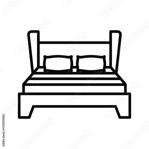Simple line art icon of a bed with two pillows and a headboard