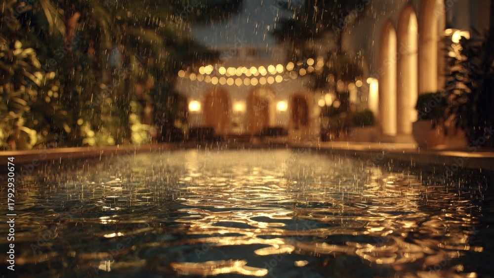 Fototapeta premium Rainy Night at Swimming Pool with Blurred Lights and Tropical Garden Backdrop