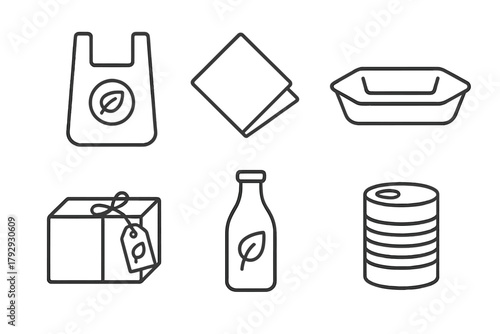 Biodegradable Packaging Icons. Line style icons of biodegradable plastics: packaging alternatives, paper wrap icon, cardboard tray