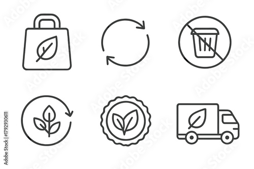 Biodegradable Plastics Icons. Line style icons of biodegradable plastics: zero-waste packaging, circular arrow icon, no trash