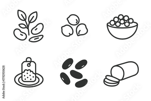Vegan Protein Icons. Line style icons of vegan diet: plant protein sources, chickpeas icon, lentils bowl symbol, quinoa plate tag,