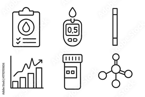 Ketogenic Diet Icons. Line style icons of ketogenic diet: ketosis monitoring, ketone test strip icon, blood ketone meter, ketosis