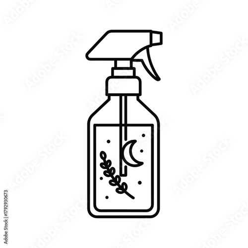 Line art icon of a spray bottle with a sprig of lavender and a crescent moon inside