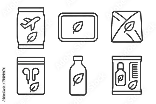 Biodegradable Travel Icons. Line style icons of biodegradable plastics: airline and travel packs, biodegradable tray icon,