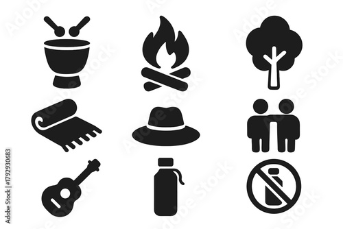 Nature Celebration Icons. Solid style icons of Nature Celebration Events: Drum Circle, Firewood, Tree, Blanket, Hat, Friendship,