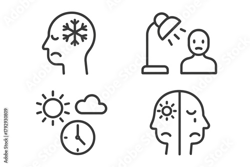 Seasonal Mood Icons. Line style icons of mental health: seasonal affective disorder, sad face with snowflake, sunlight therapy