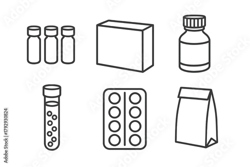 Homeopathy Product Icons. Line style icons of homeopathy product packaging: tiny vials, cardboard box, labeled amber bottle,