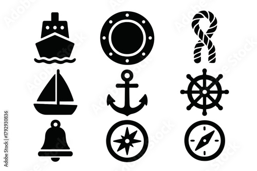 Nautical Travel Icons. Solid style icons of Nautical Travel: Ship, Porthole, Rope, Sail, Anchor, Wheel, Bell, Compass, No text, No