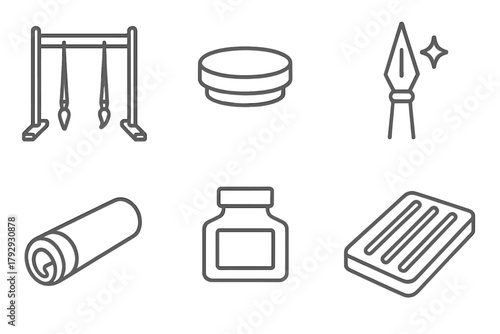 Calligraphy Tools Icons. Line style icons of Calligraphy Maintenance and Storage: brush drying rack, ink lid cap, cleaned nib,